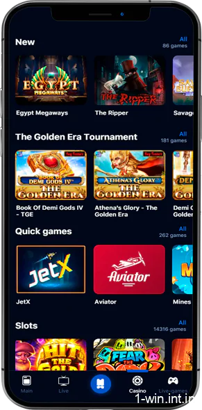1Win app casino section screen